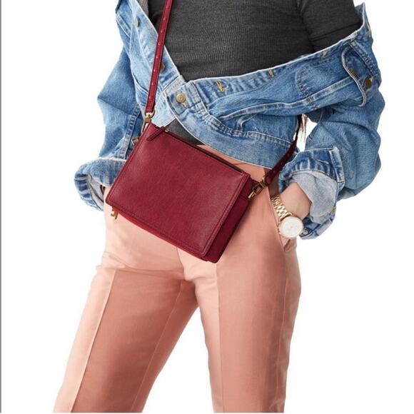 Fossil Campbell Leather Suede Crossbody Bag Red Cranberry - Picture 1 of 11